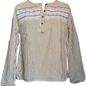 Long Sleeve Stripe Smocked Cotton Popover Top Cream and Blue Loose Fit XS